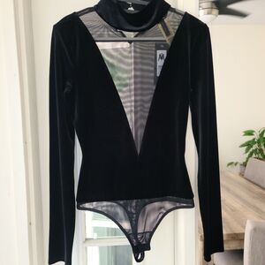 BCBGMaxAzria Black Velvet Deep V Mesh-Inset Long-Sleeve Bodysuit